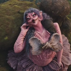 Prompt: Pink and purple makeup, gorgeous makeup, 1girl, a girl who is under a big mushroom while looking down, she is lying on a stone, four eyes, Full body, dark pink short curly hair, cured and detailed outfit, her hair is long and wavy, her hair is long, 4k, 18k, hairstyle, perfect face, Melanie, Adele, Long hair, masterpiece high quality 18K, Hyperrealism, Realistic vision, rosy cheeks, realistic woman, a girl, Woman, best quality, woman, high quality, good lighting, A woman, mushroom00, Long hair, Pink skin, four eyes, Fancy, model, A woman. Pink and purple makeup, gorgeous makeup, long train skirt, forest00, pink skin, four eyes, Full body, 1girl, dark red short curly hair, cured and detailed outfit, her hair is long and wavy, her hair is long, 4k, 18k, hairstyle, perfect face, Melanie, Adele, Long hair, masterpiece high quality 18K, Hyperrealism, Realistic vision, rosy cheeks, realistic woman, a girl, Woman, best quality, woman, high quality, good lighting, A woman, rock00 , Long hair, Pink skin, four eyes, Fancy, model, A woman,Big Quality, Masterpiece, High Quality,Melanie Martinez, Beautiful, 1girl,4 eyes, Nymph, Pink Skin