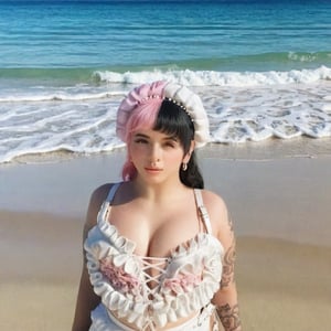 a girl who is entering the sea on a beach, she wears a beautiful long white dress with a white hat with pearls for decoration, the girl has fluffy pink hair black split dye, 4k, 18k, hairstyle, perfect face, After School, Melanie , Adele, Long hair, masterpiece high quality 18K, Hyperrealism, Realistic vision, rosy cheeks, realistic woman, a girl, Woman, best quality, woman, high quality, good lighting, A woman, with split hair, After School, girl, beauty, a girl who is entering the sea on a beach, the girl has fluffy, curly, black split dye pink and black hair, she has a big and beautiful white dress with a white hat, decorated with pearls, she even has a pearl in her right hand, sea, beach, pearls, white dress with pearls, white hat with pearls, pearls, pearls, mother of pearl, sea of ​​pearls