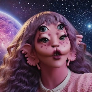 Prompt: Pink and purple makeup, gorgeous makeup, a girl who is sitting on Mercury, in the background is deep space and you can see other nearby planets, including the sun and the moon, four eyes, Full body, dark pink short curly hair, cured and detailed outfit, her hair is long and wavy, her hair is long, 4k, 18k, hairstyle, perfect face, Melanie, Adele, Long hair, masterpiece high quality 18K, Hyperrealism, Realistic vision, rosy cheeks, realistic woman, a girl, Woman, best quality, woman, high quality, good lighting, A woman, mercury00, Long hair, Pink skin, four eyes, Fancy, model, A woman. Pink and purple makeup, gorgeous makeup, long train skirt, space00, pink skin, four eyes, Full body, a girl, dark pink short curly hair, cured and detailed outfit, her hair is long and wavy, her hair is long, 4k , 18k, hairstyle, perfect face, Melanie, Adele, Long hair, masterpiece high quality 18K, Hyperrealism, Realistic vision, rosy cheeks, realistic woman, a girl, Woman, best quality, woman, high quality, good lighting, A woman, galaxy00, Long hair, Pink skin, four eyes, Fancy, model, A woman,Big Quality, Masterpiece, High Quality,Melanie Martinez, Beautiful, 1girl,4 eyes, Nymph, Pink Skin, Mercury, Venus, Pluto, Sol, Luna , Space, Galaxy, Stars, planets, milky way, space background, mercury, girl in mercury,"awoman"