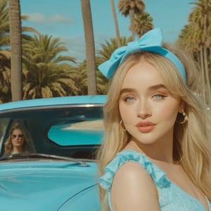 a girl wearing a short full light blue dress and a bright light blue headband, she is inside a light blue car, the background is a road along with palm trees and near a beach, 4k, 18k, hairstyle, perfect face, Espresso, Beach vibes, Summer vibes,Sabrina Carpenter, thick pink lips, masterpiece high quality 18K, Hyperrealism, Realistic vision, rosy cheeks, realistic woman, a girl, Woman, best quality, woman, high quality, good lighting, A woman, Short n Sweet , girl, beauty, a girl who wears a short bright light blue dress, a bright light blue headband, she is in a bright light blue car, the background is a road with some palm trees and near a beach, summer vibes, beach vibes, house beach, city with beach, light blue car, headband, thick pink lips, Sabrina carpenter,Blue eyes,Rosy cheeks,Long wavy blonde hair with bangs