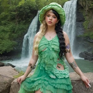 a girl who is next to a waterfall, has fairy wings while holding a butterfly in her hand, she wears a green dress and a green hat that matches her dress, the girl has fluffy blonde and black hair, black split dye, 4k , 18k, hairstyle, perfect face, After School, Melanie, Adele, Long hair, masterpiece high quality 18K, Hyperrealism, Realistic vision, rosy cheeks, realistic woman, a girl, Woman, best quality, woman, high quality, good lighting, A woman, with split hair, After School, girl, beauty, a girl who is next to a waterfall, with fairy wings while holding a butterfly in her hand, she wears a green dress and a green hat that matches her dress, she has blonde and black curly fluffy hair, black split dye, butterfly, waterfall, water, nature, elegance, butterfly, fairies, chrysalis