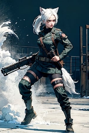 
1girl, serious woman, assisted exposure, white hair, ponytail, gray_eyes, bloodied, muffler, (modern military outfit), black_body armor, fullbody, war, battlegrounds, firearms, combat, firearms, wolf_ears, Fluffy Wolf_tail