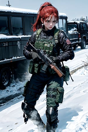 
1girl, serious woman, assisted exposure, scarlet hair, ponytail, green_eyes, sweat, private military outfit, body armor, at war, full_body, combat pose, firearm, looking away, steam, snowy night