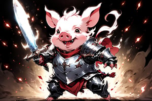 masterpiece, battle scene, a cute piglet monster wearing silver armor in battling pose, dynamic pose, dynamic background, low angle, the art of kazuki takahashi,GLOWING