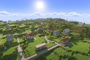 score_9, score_8_up, score_7_up, (((highres))), (highly detailed, high resolution), , high quality, highres, source_realistic, saturation, vivid colors, sun, cubic world, house minecraft, trees, fence, village, 