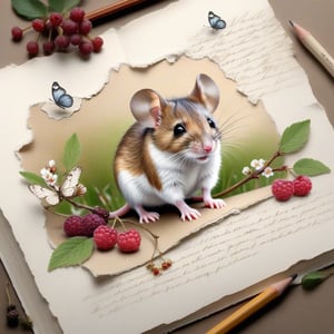  ((ultra realistic photo)), artistic sketch art, Make a little 2,5D WHITE LINE pencil sketch of a cute tiny MOUSE on an old TORN EDGE paper , art, textures, pure perfection, high definition, LITTLE FRUITS, butterfly,wild berries,berry, DELICATE FLOWERS ,grass blades, flower petals on the paper, little calligraphy text all over, little drawings, text: "mouse", text. ,BookScenic