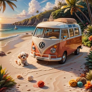 a cute fluffy puppy playing with a little ball of yarn , CLASSIC VW CAMPER VAN in distance, LOVELY WELL-ARRANGED CAMPING ENVIROMENT (art, DETAILED textures, pure perfection, hIgh definition), detailed beach around , tiny delicate sea-shell, little delicate starfish, sea ,(very detailed TROPICAL hawaiian BAY BACKGROUND, SEA SHORE, PALM TREES, DETAILED LANDSCAPE, COLORFUL) (GOLDEN HOUR LIGHTING), delicate coral, sand piles