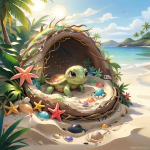 ((ultra artistic photo)), artistic sketch art, Make a DETAILED pencil sketch of a cute TINY tropical turle baby IN THE NEST ON THE SAND (art, DETAILED textures, pure perfection, hIgh definition), detailed beach , tiny delicate sea-shell, TINY COLORFUL EGG, little delicate starfish, sea ,(very detailed TROPICAL hawaiian BAY BACKGROUND VIEW, SEA SHORE, PALM TREES, DETAILED LANDSCAPE, COLORFUL) (GOLDEN HOUR LIGHTING), delicate coral, sand piles,disordered, LegendDarkFantasy,disney style,portraitart
