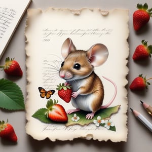 ((ultra realistic photo)), artistic sketch art, Make a little 2,5D WHITE LINE pencil sketch of a cute tiny MOUSE on an old TORN EDGE Letter , art, textures, pure perfection, high definition, LITTLE FRUITS, butterfly,strawberry,berry, DELICATE FLOWERS ,grass blades, flower petals  on the paper, little calligraphy text all over, little drawings, text: "mouse", text. ,BookScenic,ink,smoke