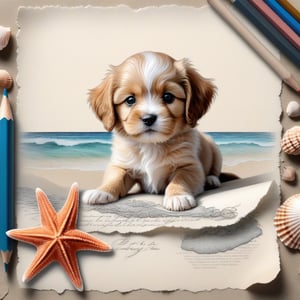 ((ultra realistic photo)), artistic sketch art, Make a pencil sketch of an adorable little FLUFFY PUPPY on an old torn edge paper, art, DETAILED textures, pure perfection, hIgh definition, detailed beach around, tiny delicate sea-shell, starfish, sea , delicate coral, sand on the paper, little calligraphy text all over, tiny delicate drawings, embossed drawings,BookScenic,ink