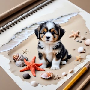 ((ultra realistic photo)), artistic sketch art, Make a pencil sketch of an adorable little FLUFFY PUPPY on an old torn edge paper, art, DETAILED textures, pure perfection, hIgh definition, detailed beach around THE PAPER, tiny delicate sea-shell, starfish, sea , delicate coral, sand pile on the paper,calligraphy text, tiny delicate drawings,BookScenic,ink,smoke,ink smoke,ink smoke background,art_booster