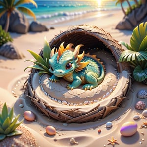 ((ultra artistic photo)), artistic sketch art, Make a DETAILED pencil sketch of a cute TINY MINIATURE CUTE sleepy DRAGON hatchling SLEEPING IN THE NEST ON THE SAND (art, DETAILED textures, pure perfection, hIgh definition), detailed beach around , tiny delicate sea-shell, TINY COLORFUL EGG, little delicate starfish, sea ,(very detailed TROPICAL hawaiian BAY BACKGROUND VIEW, SEA SHORE, PALM TREES, DETAILED LANDSCAPE, COLORFUL) (GOLDEN HOUR LIGHTING), delicate coral, sand piles,LegendDarkFantasy,dragon