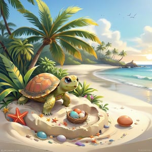 ((ultra artistic photo)), artistic sketch art, Make a DETAILED pencil sketch of  one cute TINY tropical turle baby IN THE NEST ON THE SAND (art, DETAILED textures, pure perfection, hIgh definition), detailed beach , tiny delicate sea-shell, TINY COLORFUL EGG, little delicate starfish, sea ,(very detailed TROPICAL hawaiian BAY BACKGROUND VIEW, SEA SHORE, PALM TREES, DETAILED LANDSCAPE, COLORFUL) (GOLDEN HOUR LIGHTING), delicate coral, sand piles,disordered, LegendDarkFantasy,disney style,portraitart,arcane