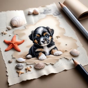 ((ultra realistic photo)), artistic sketch art, Make a pencil sketch of an adorable little FLUFFY PUPPY on an old torn edge paper, art, DETAILED textures, pure perfection, hIgh definition, detailed beach around THE PAPER, tiny delicate sea-shell, starfish, sea , delicate coral, sand pile on the paper,calligraphy text, tiny delicate drawings,BookScenic,ink,smoke,ink smoke,ink smoke background,art_booster