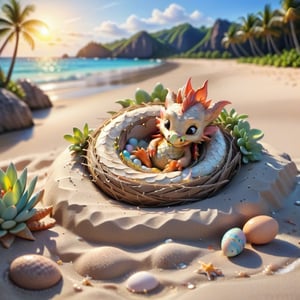 ((ultra realistic photo)), artistic sketch art, Make a DETAILED pencil sketch of a cute TINY MINIATURE CUTE sleepy TOY DRAGON SLEEPING IN THE NEST ON THE SAND (art, DETAILED textures, pure perfection, hIgh definition), detailed beach around , tiny delicate sea-shell, TINY COLORFUL EGG, little delicate starfish, sea ,(very detailed TROPICAL hawaiian BAY BACKGROUND VIEW, SEA SHORE, PALM TREES, DETAILED LANDSCAPE, COLORFUL) (GOLDEN HOUR LIGHTING), delicate coral, sand piles