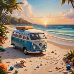 a cute fluffy puppy playing with a little ball of yarn , CLASSIC VW CAMPER VAN in distance, LOVELY WELL-ARRANGED CAMPING ENVIROMENT (art, DETAILED textures, pure perfection, hIgh definition), detailed beach around , tiny delicate sea-shell, little delicate starfish, sea ,(very detailed TROPICAL hawaiian BAY BACKGROUND, SEA SHORE, PALM TREES, DETAILED LANDSCAPE, COLORFUL) (GOLDEN HOUR LIGHTING), delicate coral, sand piles