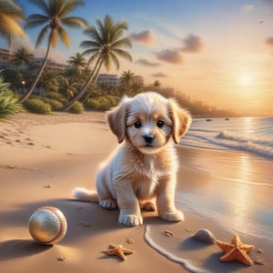 ((ultra realistic photo)), artistic sketch art, Make a DETAILED pencil sketch of a cute little FLUFFY PUPPY PLAYING WITH A BALL, (art, DETAILED textures, pure perfection, hIgh definition), detailed beach around , tiny delicate sea-shell, little delicate starfish, sea ,(very detailed TROPICAL hawaiian BAY BACKGROUND, SEA SHORE, PALM TREES, DETAILED LANDSCAPE, COLORFUL) (GOLDEN HOUR LIGHTING), delicate coral, sand piles