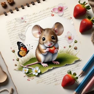 ((ultra realistic photo)), artistic sketch art, Make a little 2,5D WHITE LINE pencil sketch of a cute tiny MOUSE on an old TORN EDGE Letter , art, textures, pure perfection, high definition, LITTLE FRUITS, butterfly,strawberry,berry, DELICATE FLOWERS ,grass blades, flower petals  on the paper, little calligraphy text all over, little drawings, text: "mouse", text. ,BookScenic,ink,smoke