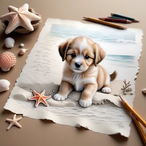 ((ultra realistic photo)), artistic sketch art, Make a pencil sketch of an adorable little FLUFFY PUPPY on an old torn edge paper, art, DETAILED textures, pure perfection, hIgh definition, detailed beach around THE PAPER, tiny delicate sea-shell, little delicate starfish, sea , delicate coral, sand pile on the paper,little calligraphy texts, delicate little drawings,, text: "puppy", text. ,BookScenic,art_booster