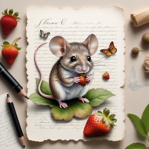 ((ultra realistic photo)), artistic sketch art, Make a little 2,5D WHITE LINE pencil sketch of a cute tiny MOUSE on an old TORN EDGE Letter , art, textures, pure perfection, high definition, LITTLE FRUITS, butterfly,strawberry,berry, DELICATE FLOWERS ,grass blades, flower petals  on the paper, little calligraphy text, little drawings, text: "mouse", text. children's picture books, ,BookScenic,ink,smoke,ink smoke,Dark Majic