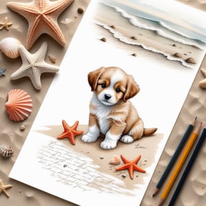 ((ultra realistic photo)), artistic sketch art, Make a pencil sketch of an adorable little FLUFFY PUPPY on a torn edge LETTER on the sand ( WITH LITTLE DRAWINGS AND  TEXTS, art, DETAILED textures, pure perfection, hIgh definition), detailed beach around THE PAPER, tiny delicate sea-shell, little delicate starfish, sea ,TROPICAL BAY BACKGROUND, delicate coral, sand pile on the paper,little calligraphy texts, little drawings on the paper,, text: "puppy", text. ,BookScenic,art_booster
