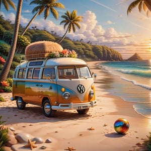 a cute fluffy puppy playing with a ball , CLASSIC VW CAMPER VAN in distance, LOVELY WELL-ARRANGED CAMPING ENVIROMENT (art, DETAILED textures, pure perfection, hIgh definition), detailed beach around , tiny delicate sea-shell, little delicate starfish, sea ,(very detailed TROPICAL hawaiian BAY BACKGROUND, SEA SHORE, PALM TREES, DETAILED LANDSCAPE, COLORFUL) (GOLDEN HOUR LIGHTING), delicate coral, sand piles