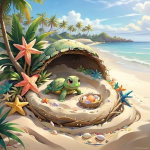 ((ultra artistic photo)), artistic sketch art, Make a DETAILED pencil sketch of  one cute TINY tropical turle baby IN THE NEST ON THE SAND (art, DETAILED textures, pure perfection, hIgh definition), detailed beach , tiny delicate sea-shell, TINY COLORFUL EGG, little delicate starfish, sea ,(very detailed TROPICAL hawaiian BAY BACKGROUND VIEW, SEA SHORE, PALM TREES, DETAILED LANDSCAPE, COLORFUL) (GOLDEN HOUR LIGHTING), delicate coral, sand piles,disordered, LegendDarkFantasy,disney style,portraitart