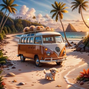 a cute fluffy puppy playing , CLASSIC VW CAMPER VAN in distance, LOVELY WELL-ARRANGED CAMPING ENVIROMENT (art, DETAILED textures, pure perfection, hIgh definition), detailed beach around , tiny delicate sea-shell, little delicate starfish, sea ,(very detailed TROPICAL hawaiian BAY BACKGROUND, SEA SHORE, PALM TREES, DETAILED LANDSCAPE, COLORFUL) (GOLDEN HOUR LIGHTING), delicate coral, sand piles