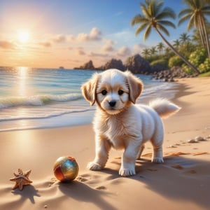 ((ultra realistic photo)), artistic sketch art, Make a DETAILED pencil sketch of a cute little FLUFFY PUPPY PLAYING WITH A BALL, (art, DETAILED textures, pure perfection, hIgh definition), detailed beach around , tiny delicate sea-shell, little delicate starfish, sea ,(very detailed TROPICAL hawaiian BAY BACKGROUND, SEA SHORE, PALM TREES, DETAILED LANDSCAPE, COLORFUL) (GOLDEN HOUR LIGHTING), delicate coral, sand piles