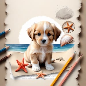  ((ultra realistic photo)), artistic sketch art, Make a pencil sketch of an adorable little FLUFFY PUPPY on an old torn edge paper, art, DETAILED textures, pure perfection, hIgh definition, detailed beach around THE PAPER, tiny delicate sea-shell, little delicate starfish, sea , delicate coral, sand pile on the paper,little calligraphy texts, some delicate drawings,
