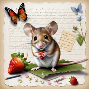 ((ultra realistic photo)), artistic sketch art, Make a little 2,5D WHITE LINE pencil sketch of a cute tiny MOUSE on an old TORN EDGE Letter , art, textures, pure perfection, high definition, LITTLE FRUITS, butterfly,strawberry,berry, DELICATE FLOWERS ,grass blades, flower petals  on the paper, little calligraphy text, little drawings, text: "mouse", text. 