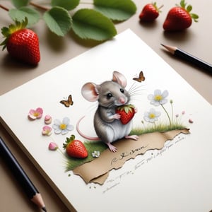 ((ultra realistic photo)), artistic sketch art, Make a little 2,5D WHITE LINE pencil sketch of a cute tiny MOUSE on an old TORN EDGE Letter , art, textures, pure perfection, high definition, LITTLE FRUITS, butterfly,strawberry,berry, DELICATE FLOWERS ,grass blades, flower petals  on the paper, little calligraphy text, little drawings, text: "mouse", text. children's picture books, ,BookScenic,ink,smoke,ink smoke,Dark Majic
