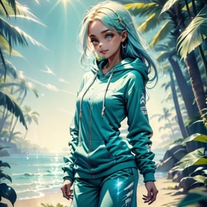long haired cute teen, blue eyed girl, cute nose, little eyes, perky smile, looking at far distance, slim figure (wearing a white baggy hooded sweatshirt and baggy trouser) walking here in the spring time beach with a cute puppy, little birds on the sky. fashion magazine illustration