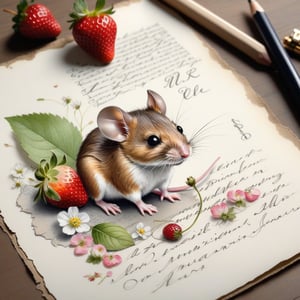 ((ultra realistic photo)), artistic sketch art, Make a little 2,5D WHITE LINE pencil sketch of a cute tiny MOUSE on an old TORN EDGE Letter , art, textures, pure perfection, high definition, LITTLE FRUITS, butterfly,strawberry,berry, DELICATE FLOWERS ,grass blades, flower petals  on the paper, little calligraphy text all over, little drawings, text: "mouse", text. 