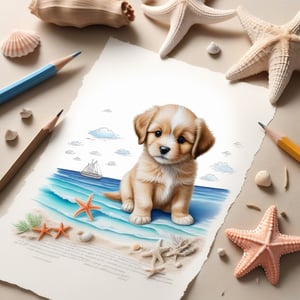 ((ultra realistic photo)), artistic sketch art, Make a pencil sketch of an adorable little FLUFFY PUPPY on a torn edge LETTER WITH LITTLE DRAWINGS AND  TEXTS, art, DETAILED textures, pure perfection, hIgh definition, detailed beach around THE PAPER, tiny delicate sea-shell, little delicate starfish, sea ,TROPICAL BAY, delicate coral, sand pile on the paper,little calligraphy texts, little drawings on the paper,, text: "puppy", text. ,BookScenic,art_booster