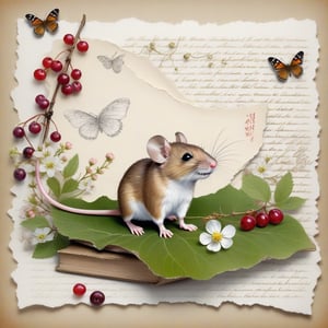 ((ultra realistic photo)), artistic sketch art, Make a little WHITE LINE pencil sketch of a cute tiny MOUSE on an old TORN EDGE PIECE OF PAPER , art, textures, pure perfection, high definition, LITTLE FRUITS, butterfly,wild berries,berry, DELICATE FLOWERS ,grass blades AROUND, flower petals on the paper, little calligraphy text all over, little drawings, text: "mouse", text. ,BookScenic,art_booster