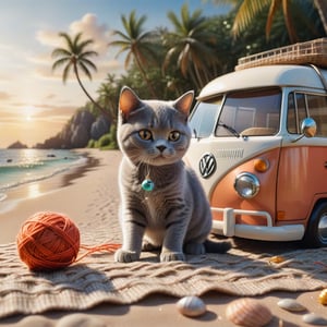 ((ultra realistic photo))  a cute British shorthaired happy playful Kitty playing with a little ball of yarn ON A PLAID, CLASSIC VW CAMPER VAN, LOVELY WELL-ARRANGED CAMPING ENVIROMENT (art, DETAILED textures, pure perfection, hIgh definition), detailed beach around , tiny delicate sea-shell, little delicate starfish, sea ,(very detailed TROPICAL hawaiian BAY BACKGROUND, SEA SHORE, PALM TREES, DETAILED LANDSCAPE, COLORFUL) (GOLDEN HOUR LIGHTING), delicate coral, sand piles,LegendDarkFantasy,dark,anthro