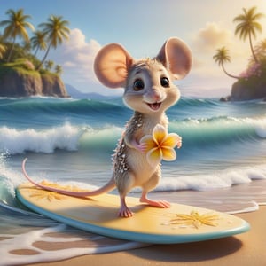 cute little mouse, standing on a surfoard on the mild waves, and mild waves around the nice summer beach, next to the lovely flower, Pixar, muted colors, sunny day, pastels, insanely detailed, insanely realistic, high definition, high resolution adorable, (art, DETAILED textures, pure perfection, hIgh definition), detailed beach around , tiny delicate sea-shell, little delicate starfish, sea ,(very detailed TROPICAL hawaiian BAY BACKGROUND, SEA SHORE, PALM TREES, DETAILED LANDSCAPE, COLORFUL) (GOLDEN HOUR LIGHTING), 