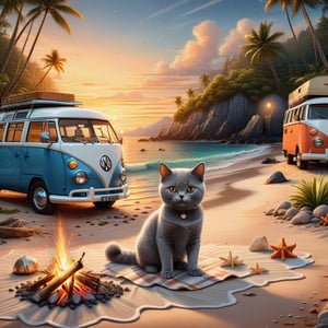 a cute little British shorthaired KITTY SITTING WITH A CAMP FIRE ON A PLAID, IN FRONT OF THE CLASSIC VW CAMPER VAN, CAMPING ENVIROMENT NEXT TO THE VAN (art, DETAILED textures, pure perfection, hIgh definition), detailed beach around , tiny delicate sea-shell, little delicate starfish, sea ,(very detailed TROPICAL hawaiian BAY BACKGROUND, SEA SHORE, PALM TREES, DETAILED LANDSCAPE, COLORFUL) (GOLDEN HOUR LIGHTING), delicate coral, sand piles,Cartoon