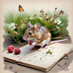 ((ultra realistic photo)), artistic sketch art, Make a little WHITE LINE pencil sketch of a cute tiny MOUSE on an old TORN EDGE PIECE OF PAPER , art, textures, pure perfection, high definition, LITTLE FRUITS, butterfly,wild berries,berry, DELICATE FLOWERS ,grass blades AROUND, flower petals on the paper, little calligraphy text all over, little drawings, text: "mouse", text. ,BookScenic,art_booster