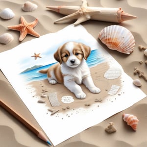 ((ultra realistic photo)), artistic sketch art, Make a pencil sketch of an adorable little FLUFFY PUPPY on a torn edge LETTER on the sand ( WITH LITTLE DRAWINGS AND  TEXTS, art, DETAILED textures, pure perfection, hIgh definition), detailed beach around THE PAPER, tiny delicate sea-shell, little delicate starfish, sea ,TROPICAL BAY, delicate coral, sand pile on the paper,little calligraphy texts, little drawings on the paper,, text: "puppy", text. ,BookScenic,art_booster