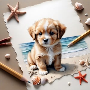 ((ultra realistic photo)), artistic sketch art, Make a pencil sketch of an adorable little FLUFFY PUPPY on an old torn edge paper, art, DETAILED textures, pure perfection, hIgh definition, detailed beach around THE PAPER, tiny delicate sea-shell, starfish, sea , delicate coral, sand on the paper, little calligraphy text all over the paper, tiny delicate drawings