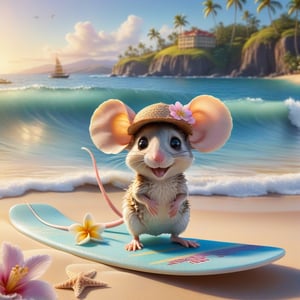 cute little mouse, standing on a surfoard on the mild waves, and mild waves around the nice summer beach, next to the lovely flower, Pixar, muted colors, sunny day, pastels, insanely detailed, insanely realistic, high definition, high resolution adorable, detailed beach  , tiny delicate sea-shell, little delicate starfish, sea ,(very detailed TROPICAL hawaiian BAY BACKGROUND, SEA SHORE, PALM TREES, DETAILED LANDSCAPE, COLORFUL) (GOLDEN HOUR LIGHTING), 