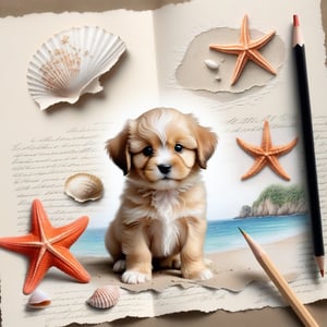 ((ultra realistic photo)), artistic sketch art, Make a pencil sketch of an adorable little FLUFFY PUPPY on an old torn edge paper, art, DETAILED textures, pure perfection, hIgh definition, detailed beach around THE PAPER, tiny delicate sea-shell, starfish, sea , delicate coral, sand on the paper, little calligraphy text, tiny delicate drawings,BookScenic