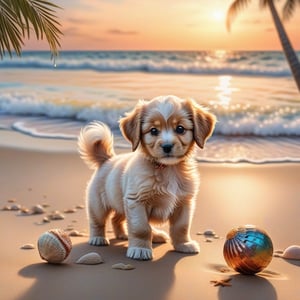 ((ultra realistic photo)), artistic sketch art, Make a DETAILED pencil sketch of a cute little FLUFFY PUPPY PLAYING WITH A BALL, (art, DETAILED textures, pure perfection, hIgh definition), detailed beach around , tiny delicate sea-shell, little delicate starfish, sea ,(very detailed TROPICAL BAY BACKGROUND, SEA SHORE, PALM TREES, DETAILED LANDSCAPE, COLORFUL) (GOLDEN HOUR LIGHTING), delicate coral, sand piles