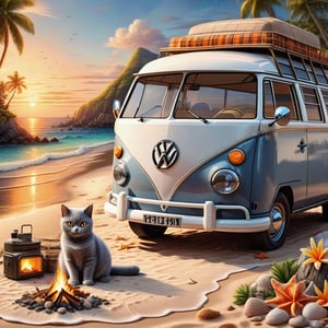 a cute little British shorthaired cat SITTING WITH A CAMP FIRE ON A PLAID, IN FRONT OF THE CLASSIC VW CAMPER VAN, CAMPING ENVIROMENT NEXT TO THE VAN (art, DETAILED textures, pure perfection, hIgh definition), detailed beach around , tiny delicate sea-shell, little delicate starfish, sea ,(very detailed TROPICAL hawaiian BAY BACKGROUND, SEA SHORE, PALM TREES, DETAILED LANDSCAPE, COLORFUL) (GOLDEN HOUR LIGHTING), delicate coral, sand piles,Cartoon