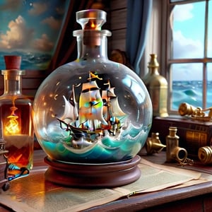 magical wavy sea around a tiny 3d sailing antique ship inside the shabby whiskey bottle on the old shabby desk, white clouds around the ship 