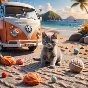 ((ultra realistic photo))  a cute little British shorthaired happy playful Kitty playing with a little ball of yarn ON A PLAID, IN FRONT OF THE CLASSIC VW CAMPER VAN, LOVELY WELL-ARRANGED CAMPING ENVIROMENT (art, DETAILED textures, pure perfection, hIgh definition), detailed beach around , tiny delicate sea-shell, little delicate starfish, sea ,(very detailed TROPICAL hawaiian BAY BACKGROUND, SEA SHORE, PALM TREES, DETAILED LANDSCAPE, COLORFUL) (GOLDEN HOUR LIGHTING), delicate coral, sand piles,LegendDarkFantasy,dark,anthro