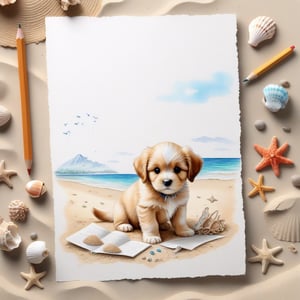 ((ultra realistic photo)), artistic sketch art, Make a pencil sketch of an adorable little FLUFFY PUPPY on a torn edge LETTER on the sand ( WITH LITTLE DRAWINGS AND  TEXTS, art, DETAILED textures, pure perfection, hIgh definition), detailed beach around THE PAPER, tiny delicate sea-shell, little delicate starfish, sea ,TROPICAL BAY, delicate coral, sand pile on the paper,little calligraphy texts, little drawings on the paper,, text: "puppy", text. ,BookScenic,art_booster