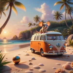  a cute little PIXAR STYLE MOUSE PLAYING WITH A BALL IN FRONT OF THE CLASSIC VW CAMPER VAN, CAMPING SITE (art, DETAILED textures, pure perfection, hIgh definition), detailed beach around , tiny delicate sea-shell, little delicate starfish, sea ,(very detailed TROPICAL hawaiian BAY BACKGROUND, SEA SHORE, PALM TREES, DETAILED LANDSCAPE, COLORFUL) (GOLDEN HOUR LIGHTING), delicate coral, sand piles,LegendDarkFantasy,anthro